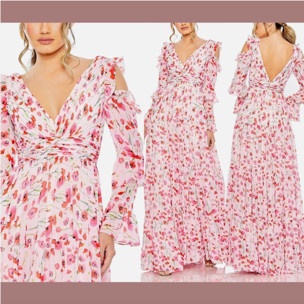 New $598‎ Mac Duggal [ 6 ] Ruffle Sleeve Floral Print Gown in Poppy Pink #Q652